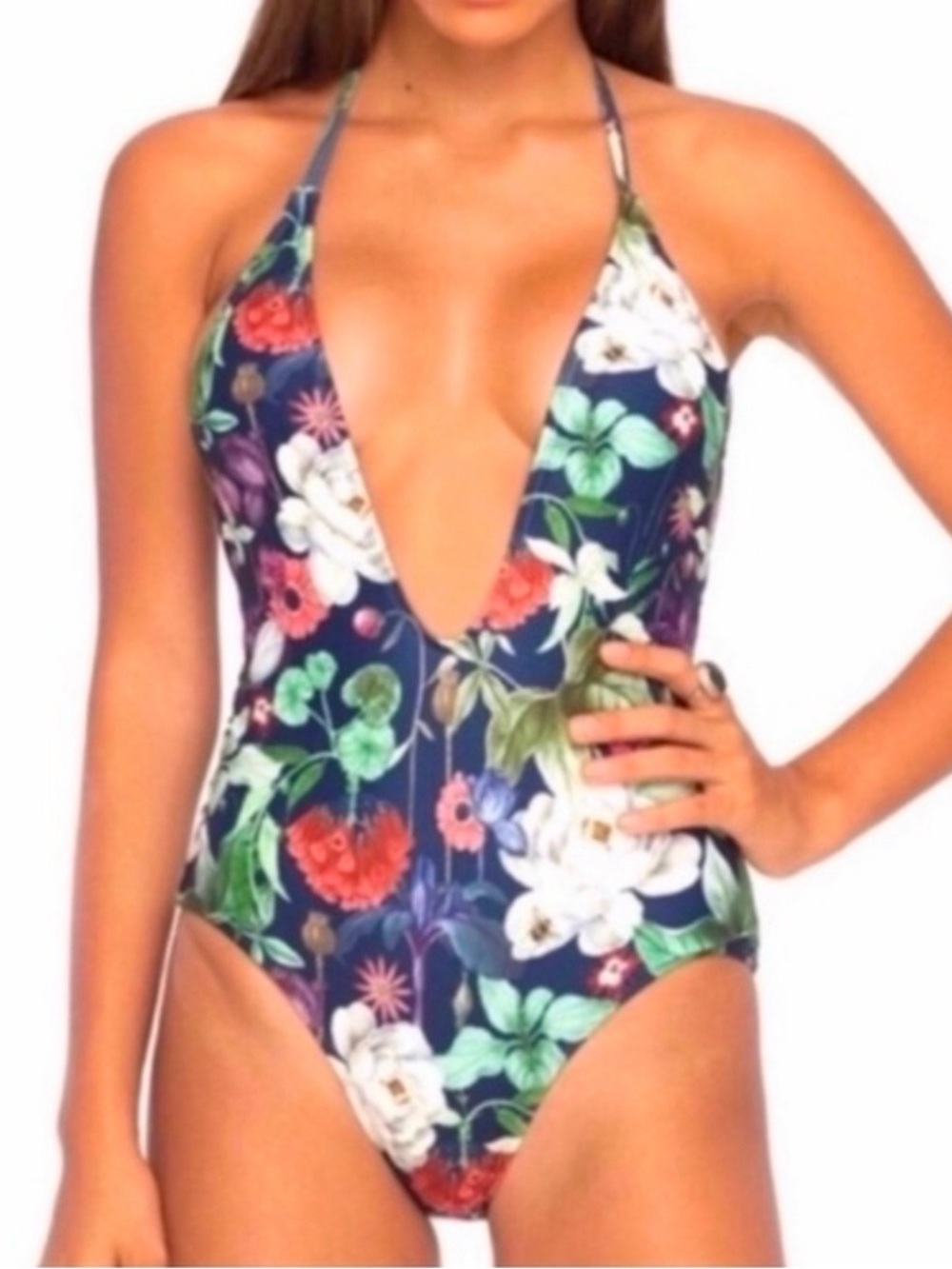 Motel Rocks Sunny Day In Botanical Navy Plunge One-Piece Swimsuit NWT SIZE small
